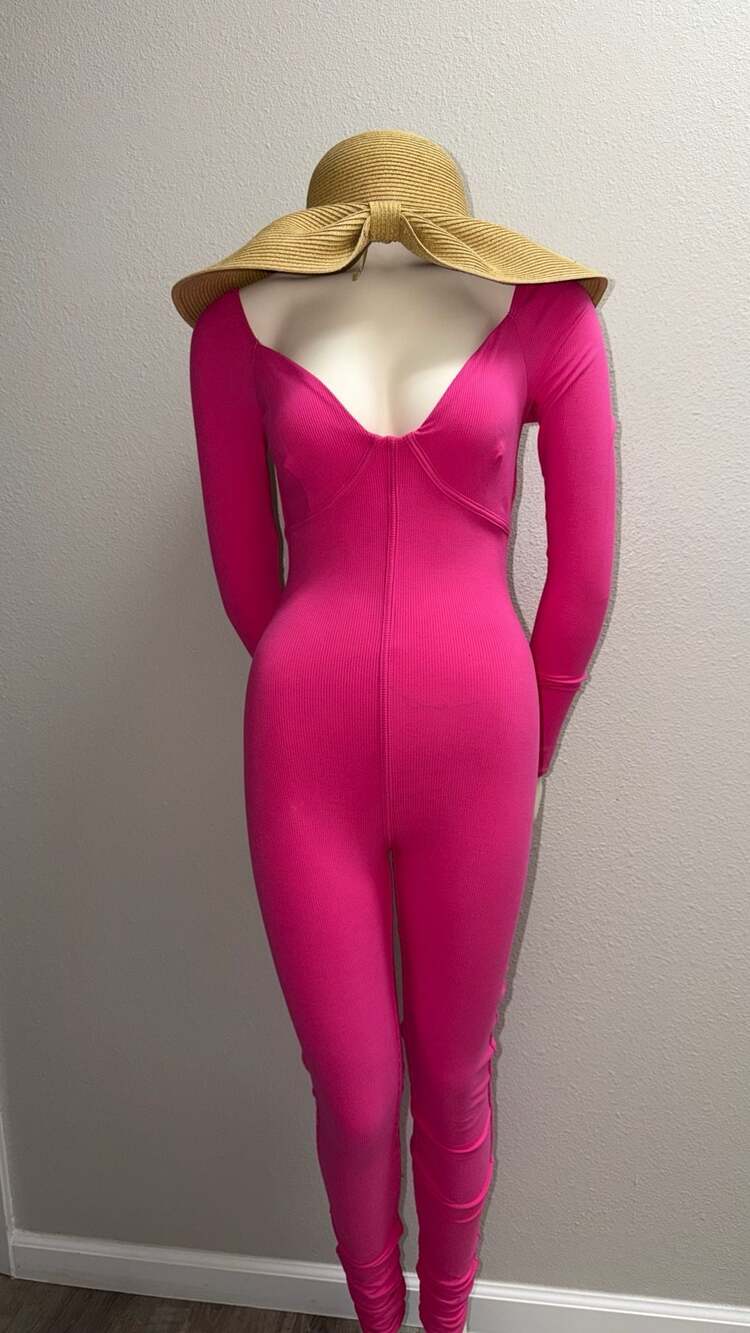 Naked Wardrobe Jumpsuit Size L Hot Pink Ribbed Long Sleeve Bodysuit